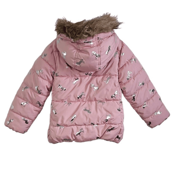 Children's Place Girls XS Puffer Jacket Pink Silver Unicorns Hooded - Picture 2 of 6